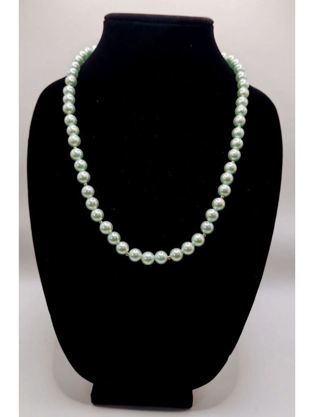 Vintage Mint Green Faux Pearl Necklace Gold Tone Spacers Elegant Costume Jewelry
